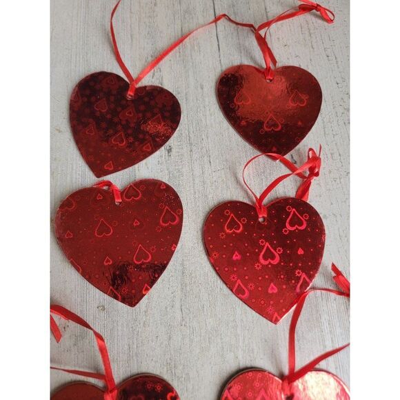 Holographic heart Valentine red set ornament Xmas decor - Picture 3 of 6
